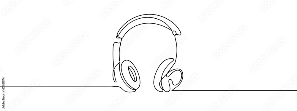 Continuous line, headphones, simple line line art vector illustration with background editable stroke.