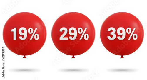 Three red balloons floating with white numbers representing percentages; 19%, 29%, and 39%, showcase varying promotional values or statistical data.