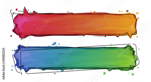 Two artistic banners with watercolor gradients framed by sketchy black lines, vibrant and eye-catching, ideal for graphic design projects.
