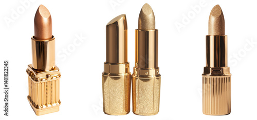 golden lipstick collection on white background
