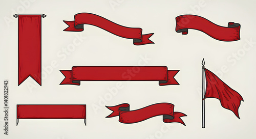 A collection of different types of red banners and ribbons suitable for decorations, emblems, and symbols isolated on a light background.