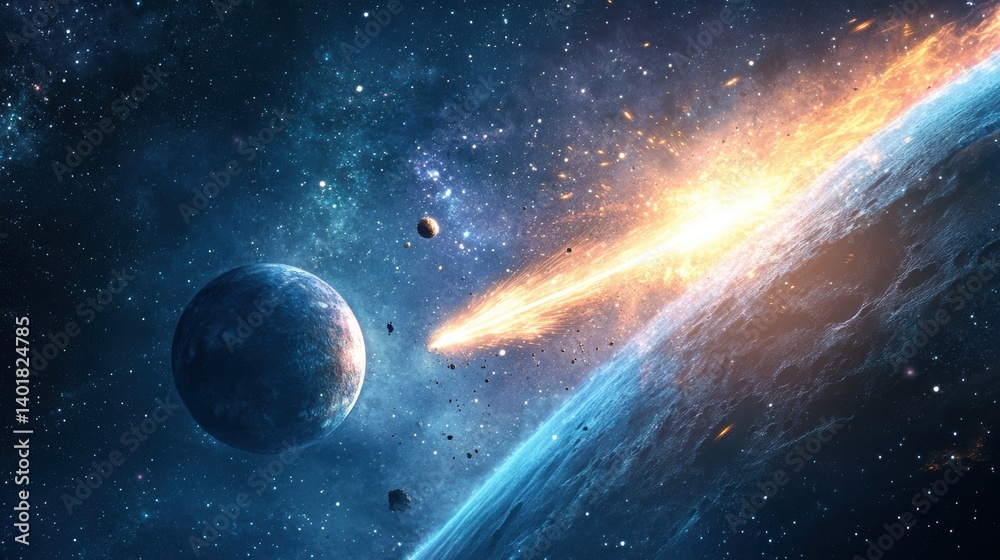 Obraz premium Stunning Cosmic Scene with Fiery Meteorite Heading Towards a Planet Surrounded by Stars and Celestial Bodies in the Vast Universe