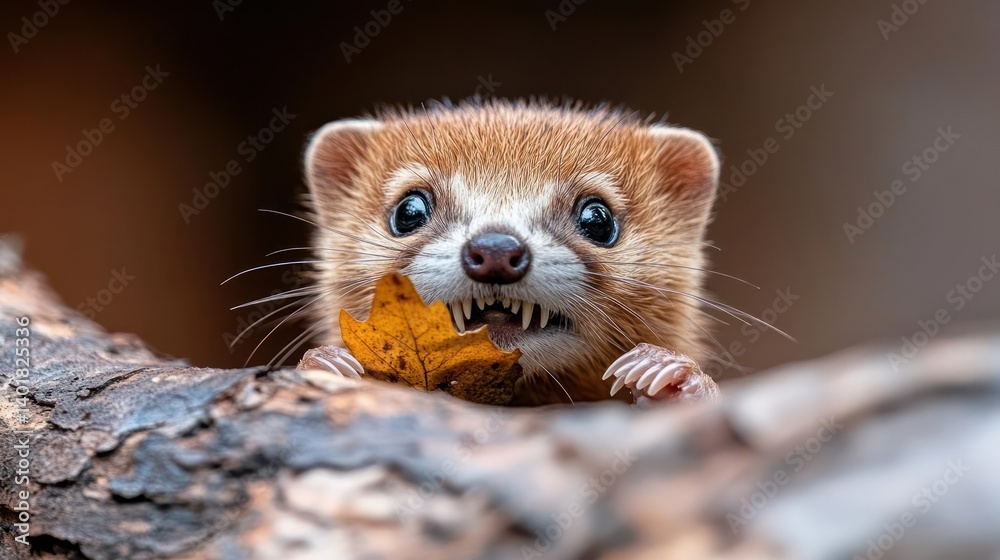 Close up shot of a brown slender mongoose eating a orange leaf while it's standing on a brown wood log. The mongoose looks directly at the camera with its round, dark eyes Close up shot of a brown slender mongoose eating a orange leaf while it's standing on a brown wood log. The mongoose looks directly at the camera with its round, dark eyes