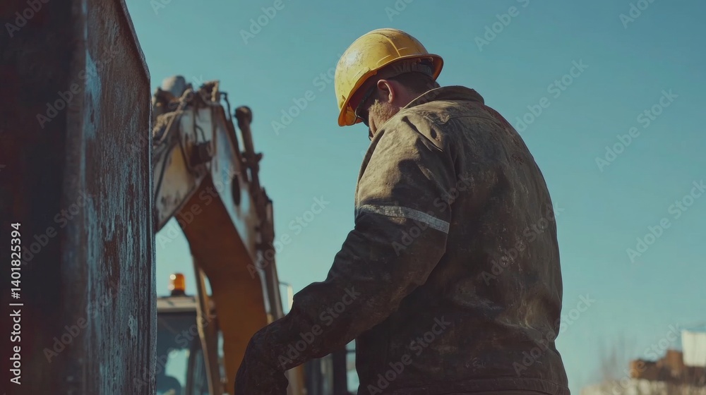 Fototapeta premium Construction worker operating an excavator at a site. Featuring control and precision