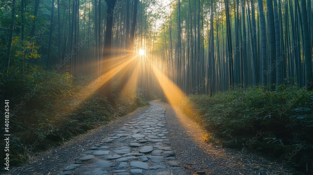 Fototapeta premium Sunbeams Path Through Bamboo Forest