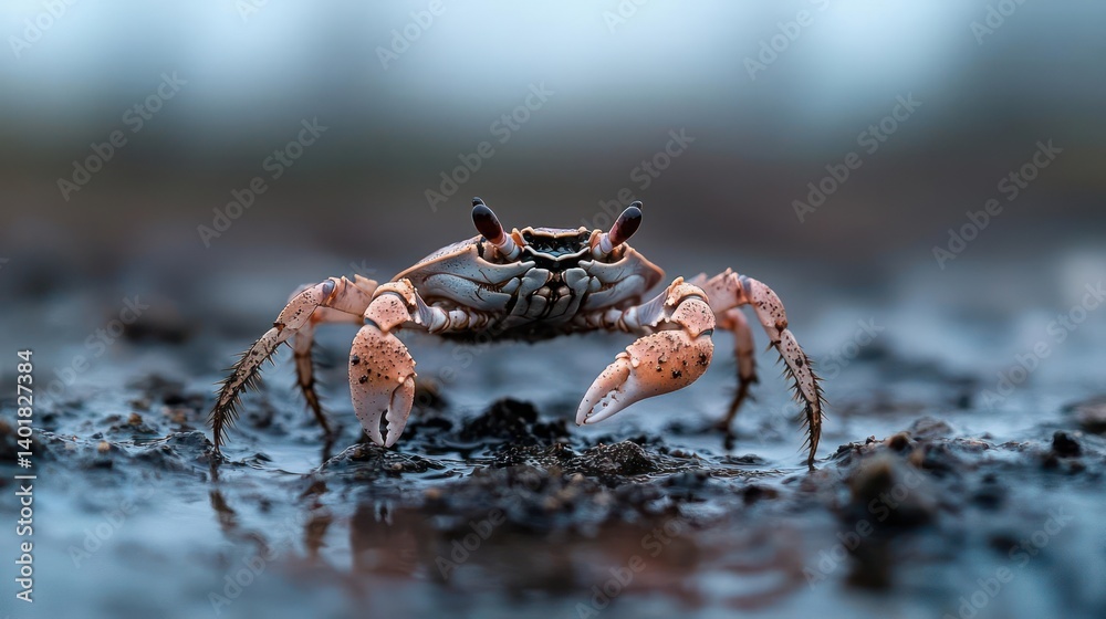 Macro shot of a light brown crab with dark spots standing on wet ground. The foreground is dark and blurry, with the crab being the focal point, set against a blurred background of blue and gray Macro shot of a light brown crab with dark spots standing on wet ground. The foreground is dark and blurry, with the crab being the focal point, set against a blurred background of blue and gray
