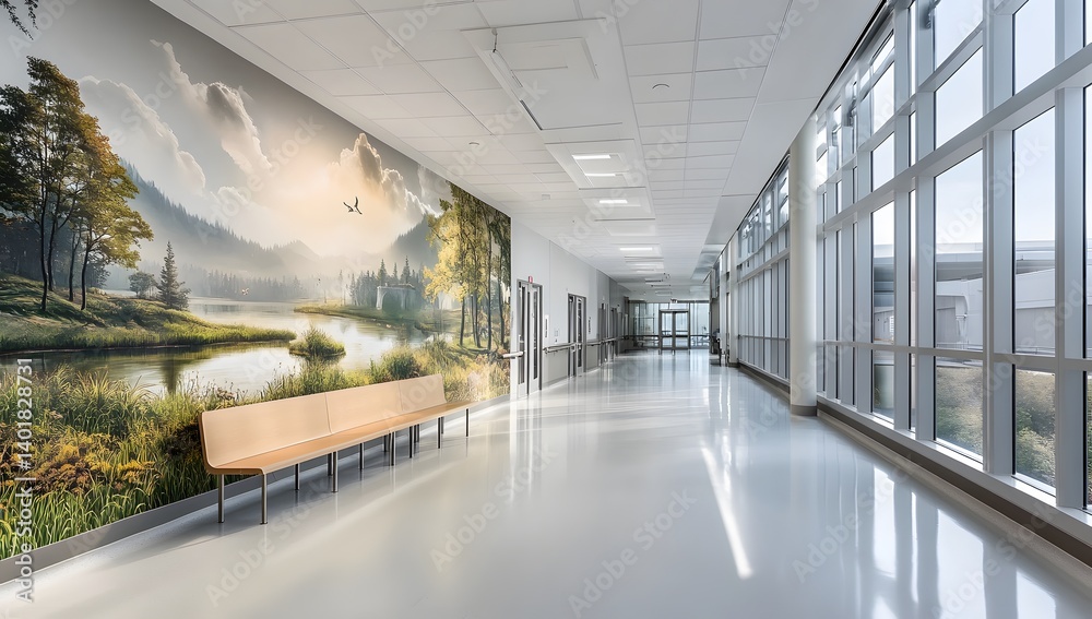 Obraz premium A modern hospital hallway with a white ceiling, large windows on the right side, and a wall of glass in front. A nature landscape mural adorns the left walls, 