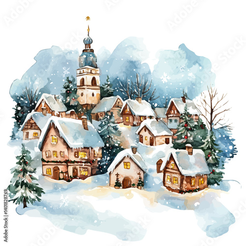 Snowy Village During Christmas Time, watercolor vector, isolated on a white background.