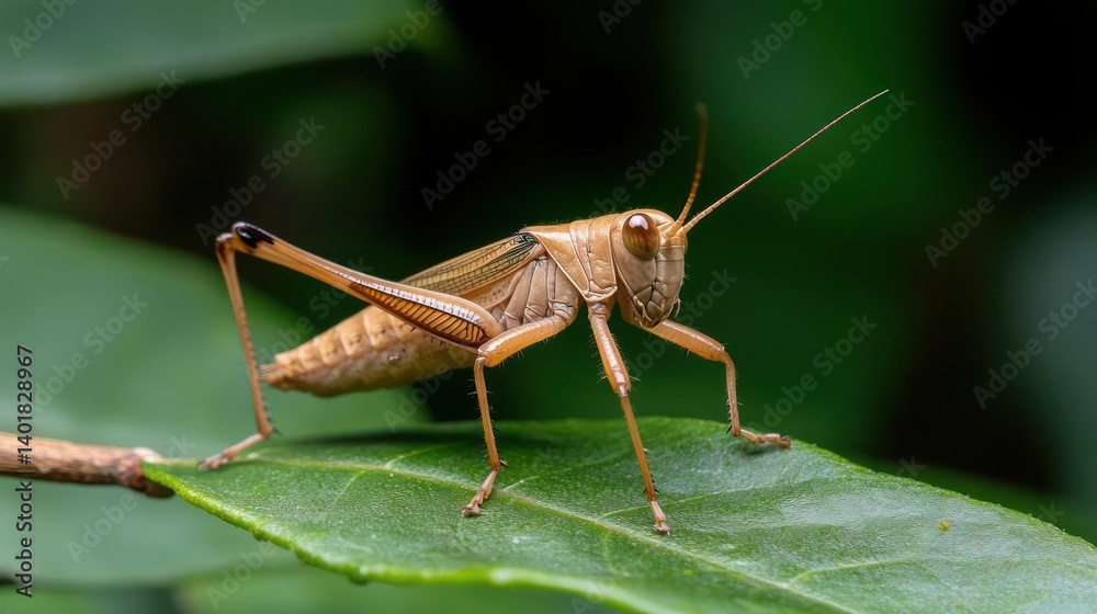 Macro shot of a brown grasshopper perched on a green leaf, showcasing its intricate details against a soft-focus, lush green background Macro shot of a brown grasshopper perched on a green leaf, showcasing its intricate details against a soft-focus, lush green background