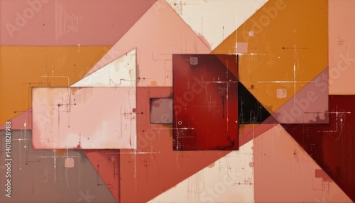 Overlapping geometric shapes in muted ochre, dusty rose, and burnt umber create a complex yet balanced composition. Sharp edges are softened by a slight blur, blending structure with organic form.