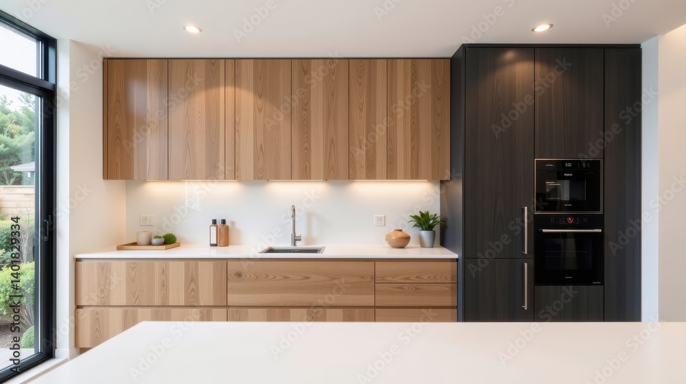 Fototapeta premium Modern kitchen design featuring sleek wooden cabinetry and contemporary appliances.