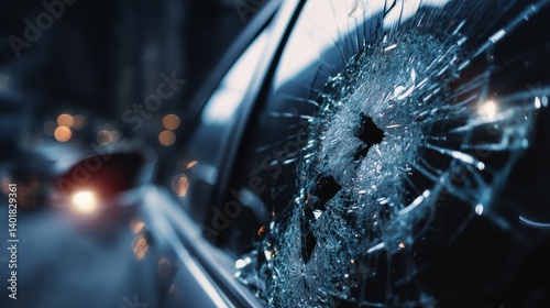 Broken rear car window with scattered glass shards after theft or vandalism, showing vehicle damage and concept of stolen property, crime, insecurity and urban danger