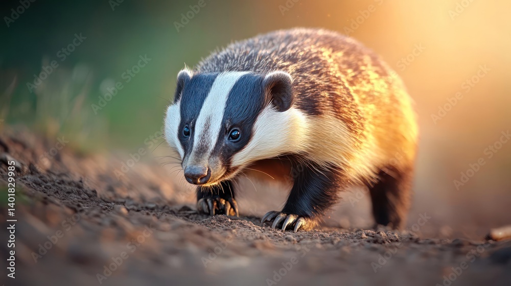 Close up captures a badger walking on ground, featuring its black and white striped head, sturdy body, and tiny claws. Image is illuminated with soft, warm light, set against a blurred natural Close up captures a badger walking on ground, featuring its black and white striped head, sturdy body, and tiny claws. Image is illuminated with soft, warm light, set against a blurred natural