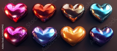 Shiny metallic hearts arranged on dark background; Valentine's Day design