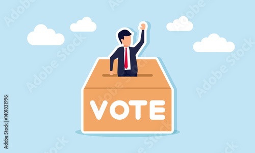 A businessman emerges from a vote box, illustration of an invitation to participate in voting