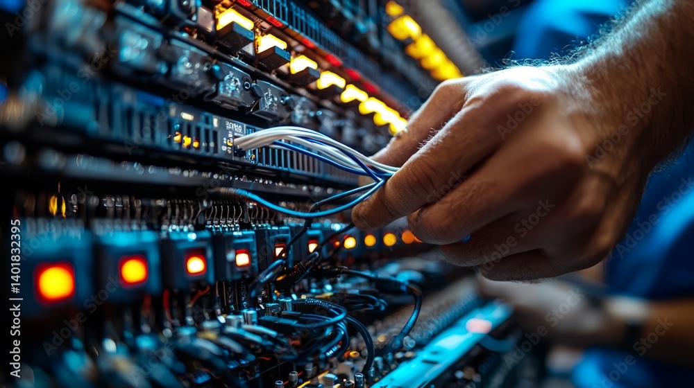 Close-Up of Hand Connecting Wires to Server Rack with LED Indicators