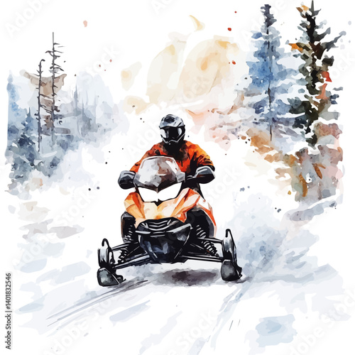 watercolor of Snowmobile Zooming Across A Snowy Landscape, vector, isolated on a white background.