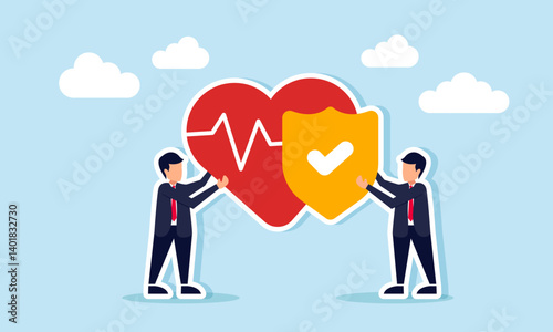 A businessman holds a love sign and another holds a shield with a check mark, illustration of business in the health insurance sector