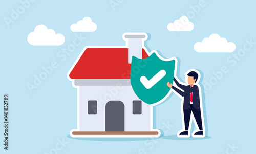 A businessman holds a shield with a check mark beside a house, illustration of business in the property or home insurance sector