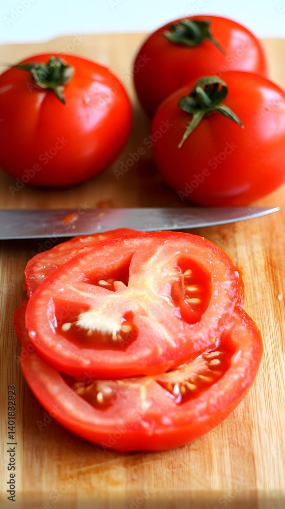 Juicy Red Tomatoes Sliced on Wooden Board Juicy Red Tomatoes Sliced on Wooden Board