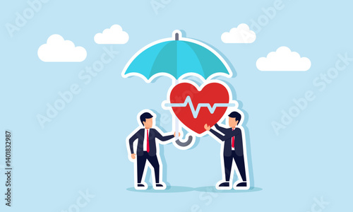 A businessman holds a heart icon while another protects it with an umbrella, illustration of health insurance business