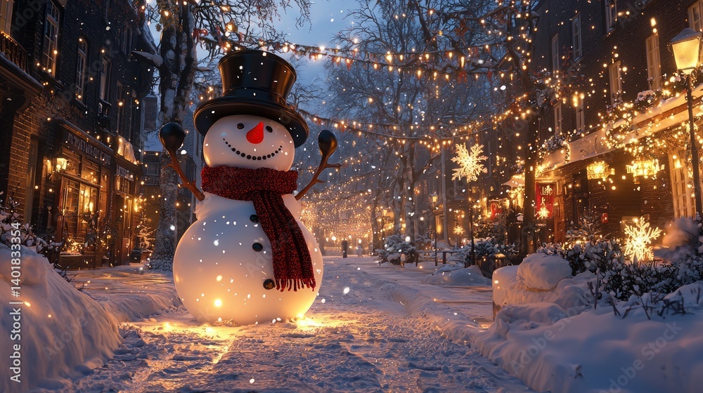 Fototapeta premium Cheerful Snowman Surrounded by Twinkling Holiday Lights in Winter Scene