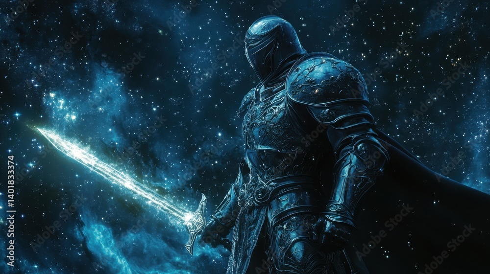 Fototapeta premium Space Knight with Glowing Sword in a Starry Galaxy Background