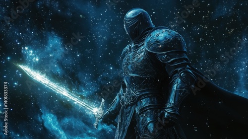Space Knight with Glowing Sword in a Starry Galaxy Background