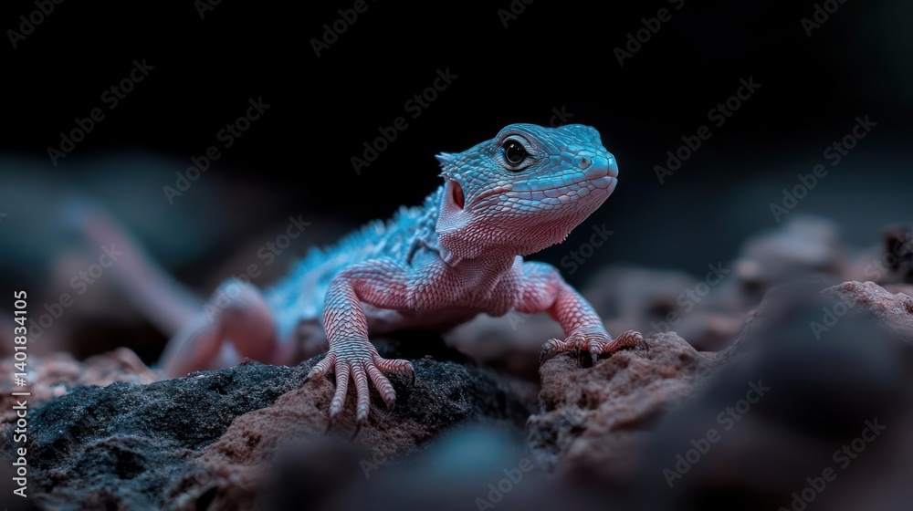 This close-up shot showcases a lizard with intricate patterns in shades of gray, pink, and red, set against a contrasting backdrop of dark rocks and dim lighting, accentuating its scales and This close-up shot showcases a lizard with intricate patterns in shades of gray, pink, and red, set against a contrasting backdrop of dark rocks and dim lighting, accentuating its scales and