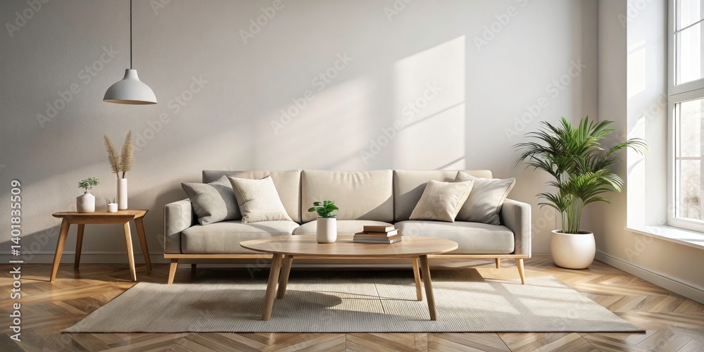 Fototapeta premium Scandinavian Minimalist Living Room Pastel Interior Design Mockup - Sofa Coffee Table Empty Wall