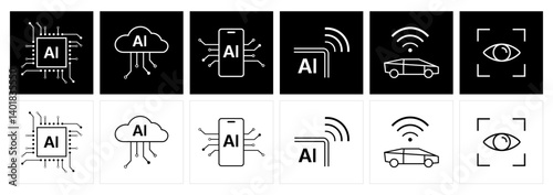 Linear Artificial Intelligence Icon Vector. AI-related icon set. Machine Learning, Neural Network, Robotics Symbols.