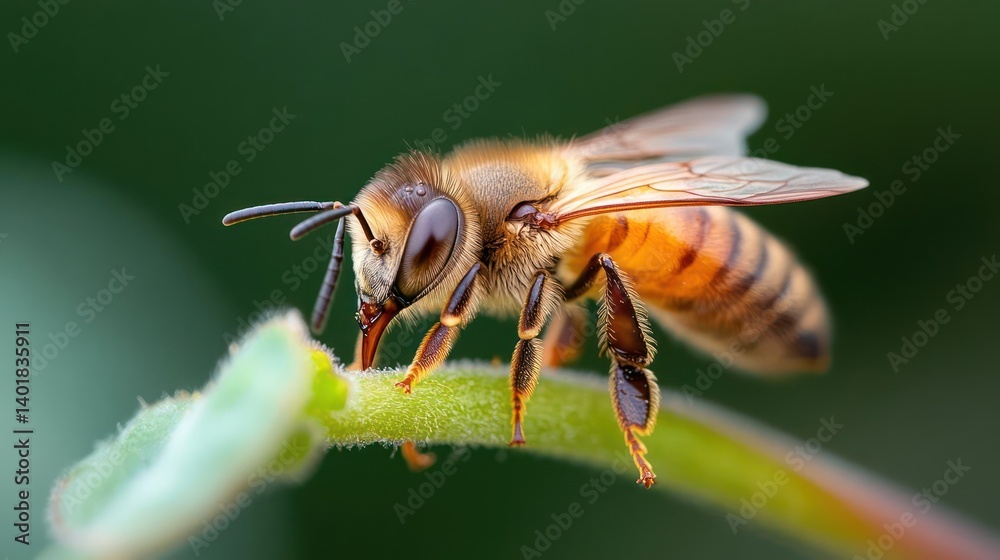 Close-up view of honeybee gathering nectar on a fuzzy stem against soft green backdrop, showcasing golden hues and wing details. The bee is detailed focused with a nature setting, highlighting Close-up view of honeybee gathering nectar on a fuzzy stem against soft green backdrop, showcasing golden hues and wing details. The bee is detailed focused with a nature setting, highlighting