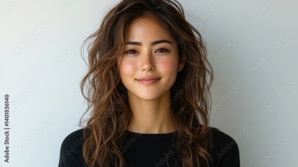 Fototapeta premium Beautiful young woman with wavy brown hair smiles gently at the camera
