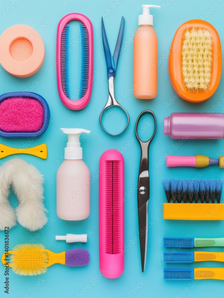 Grooming tools for pets arranged on a colorful surface with scissors, brushes, shampoos, and sprays for an organized grooming experience