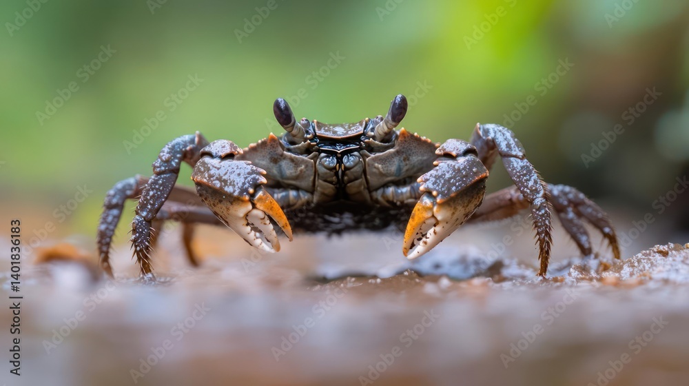 A close-up shot of a crab, showcasing its textured exoskeleton, orange claws, and dark eyes, set against a blurred green and brown backdrop. The image captures the crab's natural environment and A close-up shot of a crab, showcasing its textured exoskeleton, orange claws, and dark eyes, set against a blurred green and brown backdrop. The image captures the crab's natural environment and
