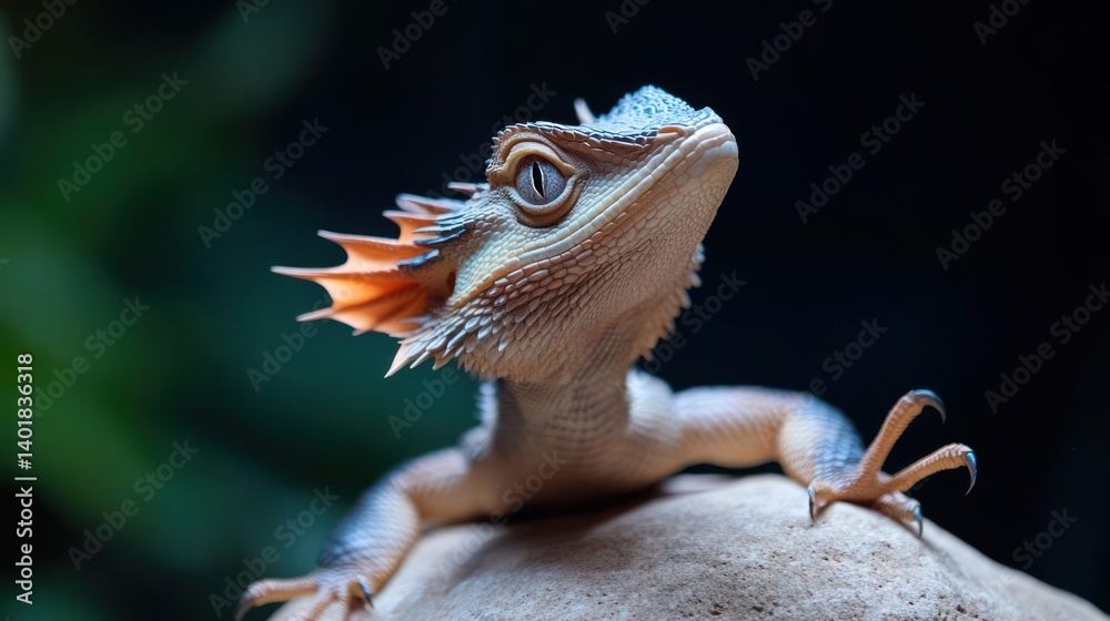 Close up shot of an eastern water dragon on top of a rock against a backdrop of lush greenery. The lizard features textured scales, pointy crest and sharp claws with amber orange fin like