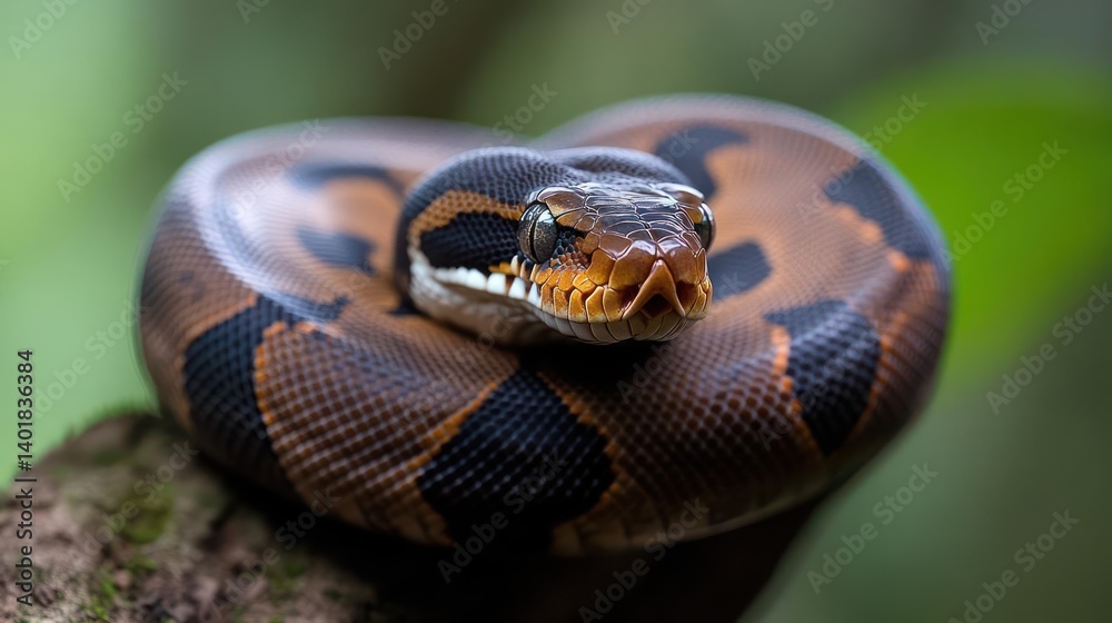 A close up of a ball python coiled on a branch. Its scales are patterned in brown, black, and orange. The snake's head is prominently featured, with a focus on its intricate scale patterns and A close up of a ball python coiled on a branch. Its scales are patterned in brown, black, and orange. The snake's head is prominently featured, with a focus on its intricate scale patterns and