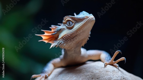 Obraz na płótnie Close up shot of an eastern water dragon on top of a rock against a backdrop of lush greenery. The lizard features textured scales, pointy crest and sharp claws with amber orange fin like w salonie