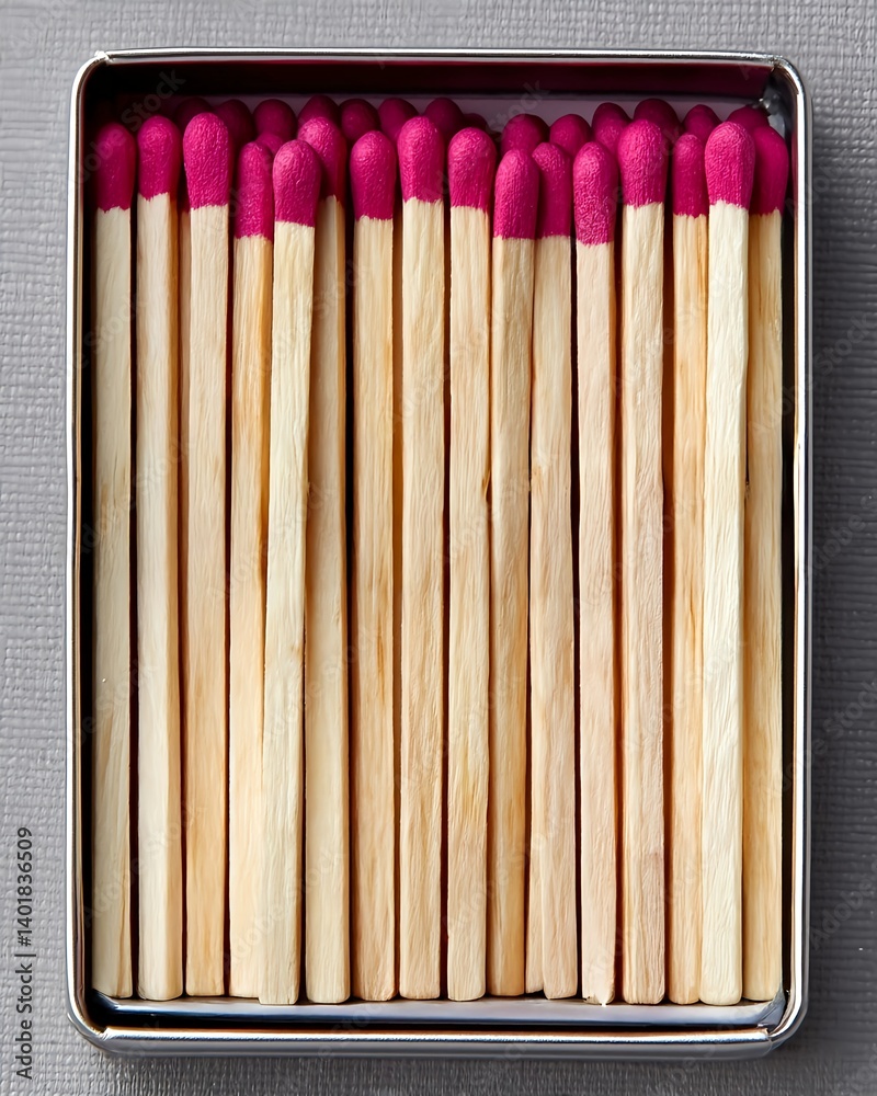 A box containing long pink matches on a light-colored background A box containing long pink matches on a light-colored background