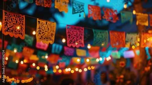 Colorful papel picado flags with traditional cut-out designs hang a nighttime Mexican celebration. Suitable for banner, holiday decoration, or party-themed header.