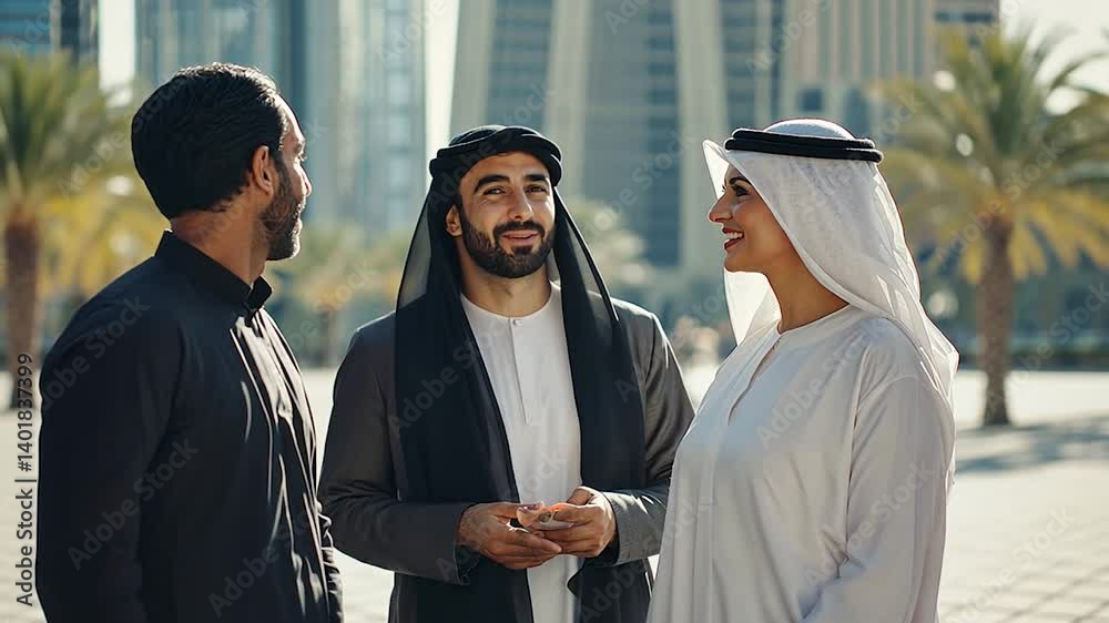 Group of three friends enjoying a sunny day in a modern city with palm trees in the background Group of three friends enjoying a sunny day in a modern city with palm trees in the background