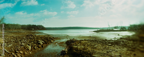 Panoramic view of lake with mountain range in the background, Pocono Mountains, Pennsylvania, USA.