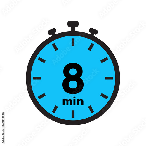 8 minute Timer, clock, stopwatch isolated icons. Countdown timer symbol. Minute timer, Time measure, Chronometer, Alarm.
