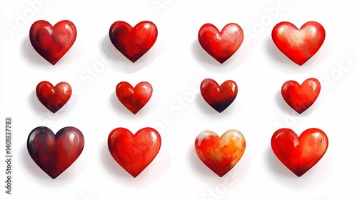 Red hearts watercolor collection, white background, Valentine's design