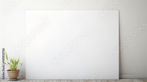 Blank White Canvas Background with Plant Pot | Minimalist Wall Mockup | Empty Canvas for Artwork Display | Clean Modern Wall with Wooden Floor | Interior Decor Background for Design