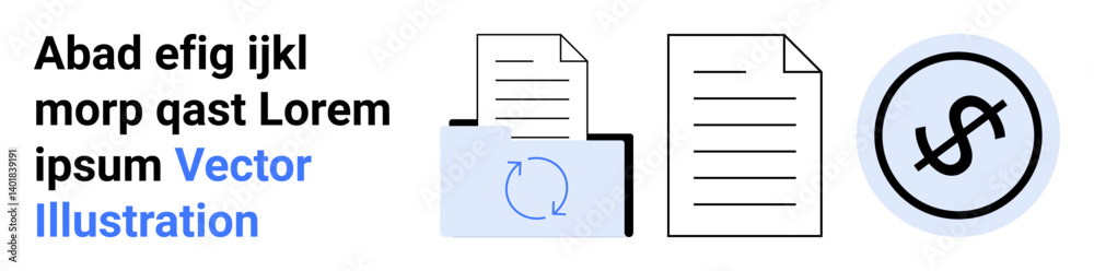 Documents, folder with refresh arrows, and financial badge. Ideal for file management, cloud storage, finance, collaboration, workflow, synchronization simple landing page Documents, folder with refresh arrows, and financial badge. Ideal for file management, cloud storage, finance, collaboration, workflow, synchronization simple landing page