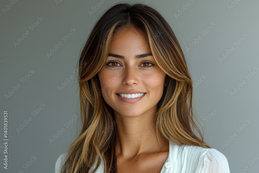Brunette woman smiles with highlights and a buttoned top against grey backdrop Brunette woman smiles with highlights and a buttoned top against grey backdrop