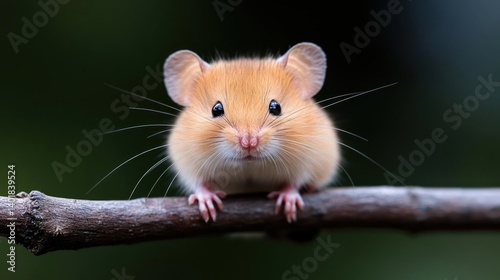 Close-up of a small, fluffy, light brown harvest mouse perched on a thin, dark brown branch. The mouse has a rounded body, tiny pink paws, and a pink nose, with delicate white whiskers. The