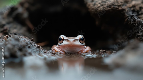 A close-up shot features a small, beige frog with distinctive eyes, partially submerged in water with a muddy background. The frog is centered, peering out from a dark, earthen hole, illuminated by