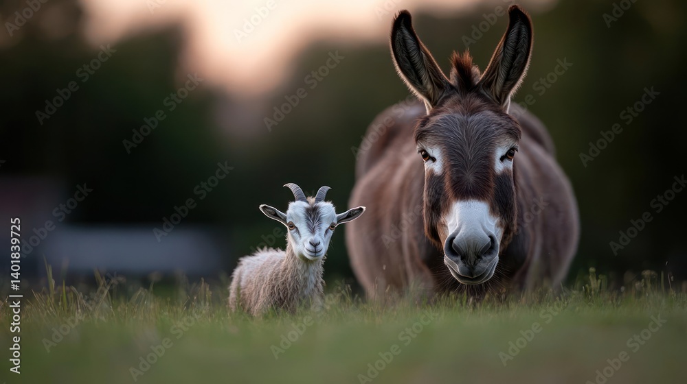 A heartwarming shot features a brown donkey and a fluffy white lamb standing side-by-side in a lush green field. The animals are bathed in the soft glow of sunset light, creating a peaceful A heartwarming shot features a brown donkey and a fluffy white lamb standing side-by-side in a lush green field. The animals are bathed in the soft glow of sunset light, creating a peaceful